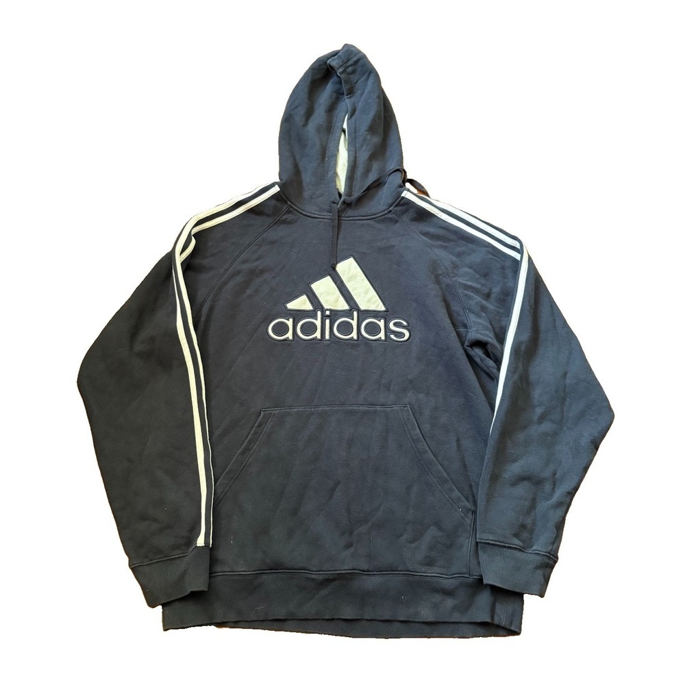 VINTAGE Adidas Hoodie Mens Large Blue Fleece Pullover Embroidered Logo Y2K